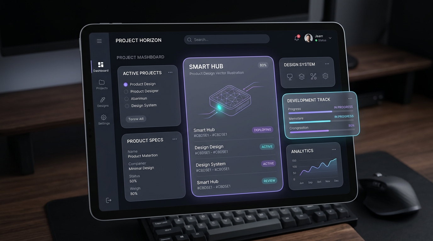 Dark mode UI layered surfaces elevation mockup on digital tablet